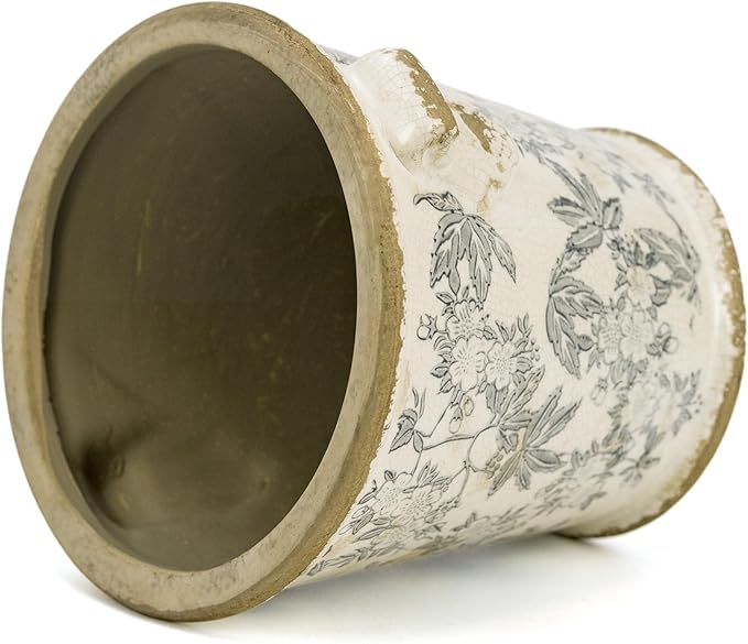 Vintage Ceramic Flower Pot with Drainage Holes and Handle,Ice Crack Country Rustic Planters for Indoor Outdoor,Tuscan Decor,Home and Garden Decor,Gardening Present