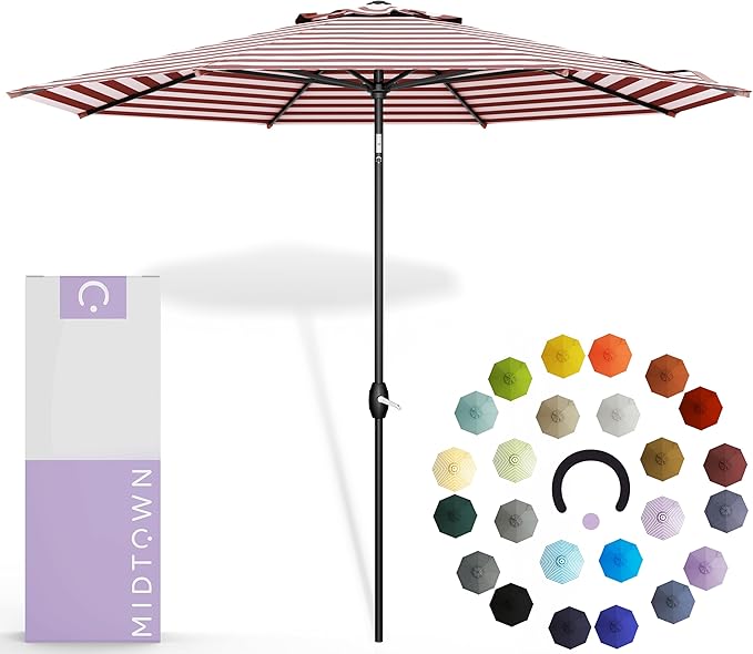 Midtown Umbrellas - 10-Year-No-Fade 10 Ft Patio Umbrella with Terylast Fabric, Auto-Tilt Aluminum Frame and 8 Reinforced Ribs for Deck, Pool, Garden & Beach - Red/White Stripes Canopy, Black Pole