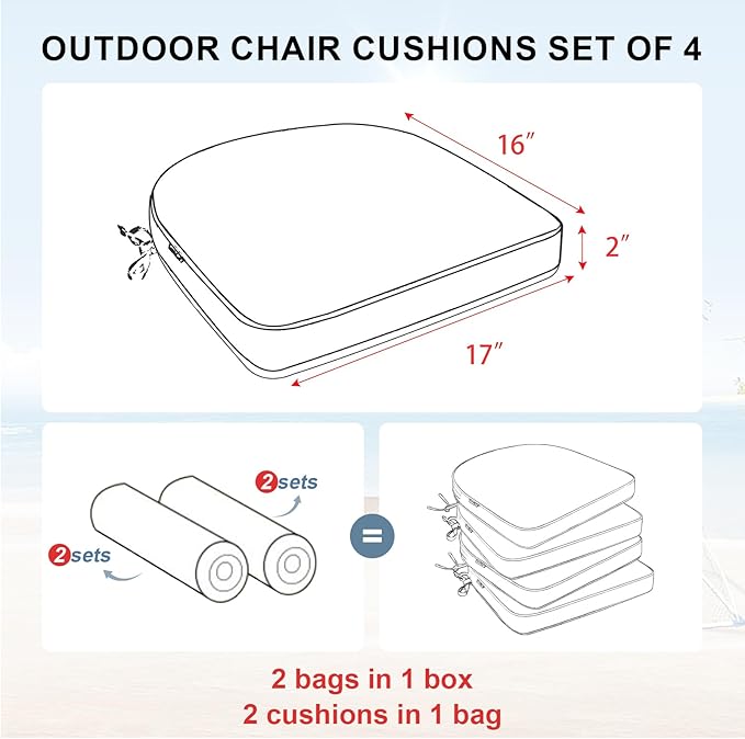 Favoyard Outdoor Chair Cushions 17"x16"x2" Set of 4 Waterproof Seat Cushion for Patio Furniture with 3-Year Fade Resistant Removable Cover Attach Straps Hidden Zipper Round Corner for Yard Garden