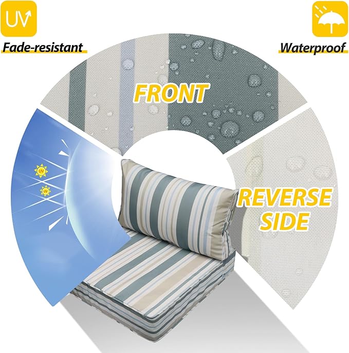 AAAAAcessories Outdoor Seat Cushions for Chairs, Fade-Resistant, Waterproof Patio Furniture Replacement Cushions, 25.5" x 25.5" x 5" + 25.5" x 13.5", Slate Gray Blue Coastal Stripe