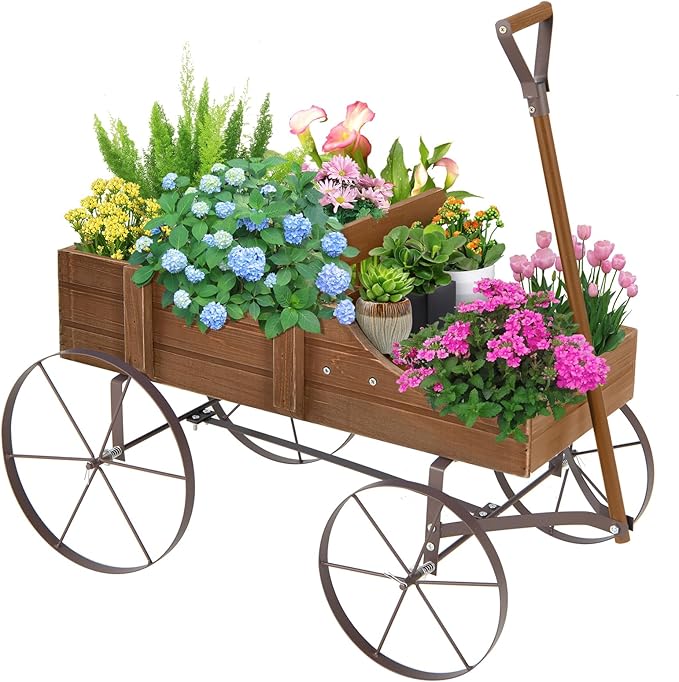 HAPPYGRILL Wooden Wagon Planter, 24.5” x 13.5” x 24” Decorative Garden Planter w/ 2 Planting Sections, Wheels, Handle, Small Decorated Cart, Flower Planter Box for Indoor Outdoor Patio (Brown)