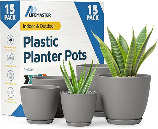 Gray Plant Pots with Drainage Holes & Saucers 15 Pack, Indoor & Outdoor Stackable Space-Saving Planters for Houseplants & Flowers, (7", 6.7", 6", 5.3", and 4.8" Inches), Durable & Weatherproof
