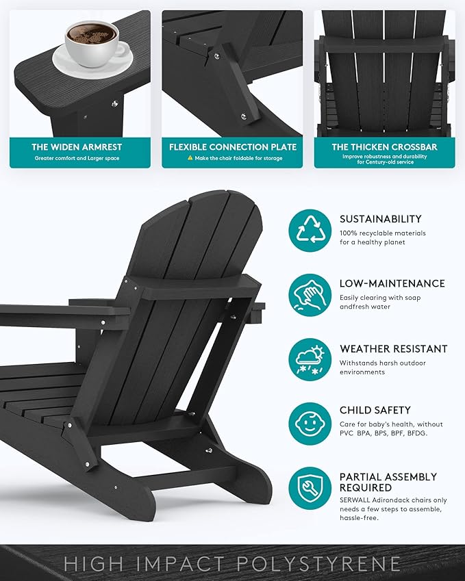 SERWALL Foldable Adirondack Chair Set of 2 for Patio Garden Outdoors Fire Pit-Black