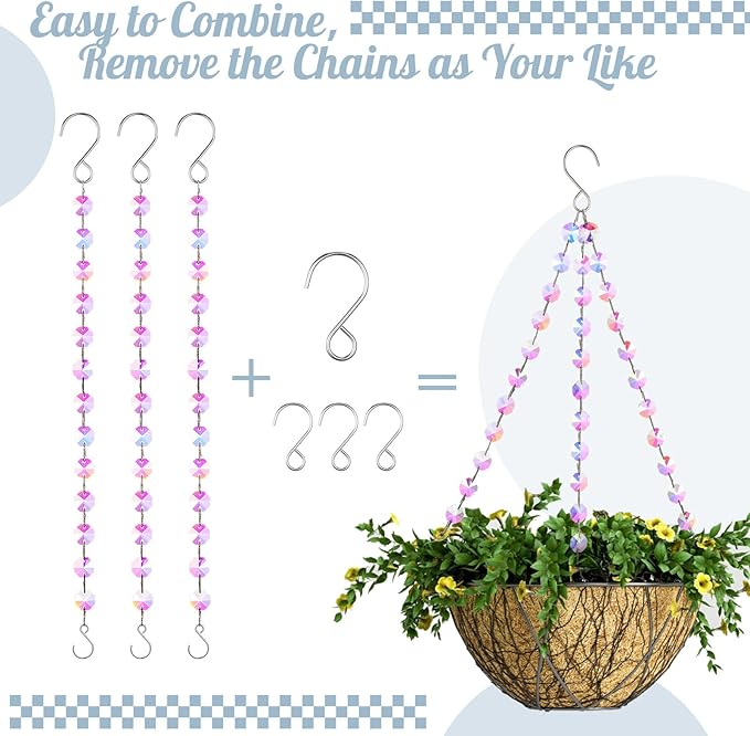 Landical 9 Pack 12 Inch Suncatcher Plant Hanger Hanging Basket Chains with Hooks Crystal Suncatcher Prism Window Hanging Chain Garden for Flower Pots Bird Feeders Wind Chimes Ornaments(Pink)