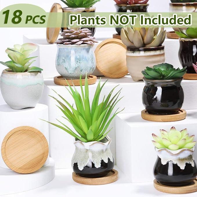 Remerry 18 Pcs Small Succulent Pots Bulk with Drainage 2.5 Inch Assorted Mini Ceramic Succulent Planters Pot with Coaster Bamboo Plant Tray Planting Pots for Home Office Garden