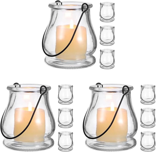 Cabilock 12Pcs Hanging Candle Holder Set Clear Glass Tealight Holders with Handles Decorative Glass Votive Holders for Indoor Outdoor Use Ideal for Christmas Wedding Party Home D Cor