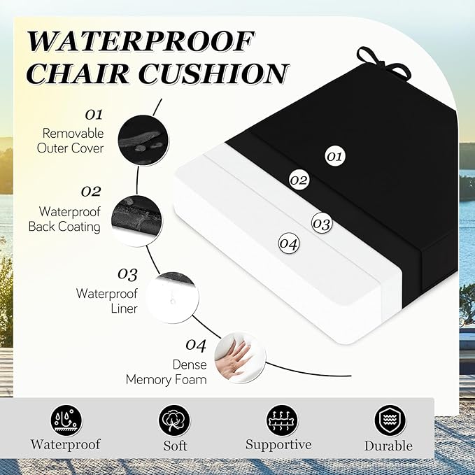 Waterproof Outdoor Chair Cushions Set of 2, Square Outdoor Seat Cushions with Ties and Removable Covers, 22 x 22 Outdoor Cushions for Patio Furniture with Portable Handle(Black)