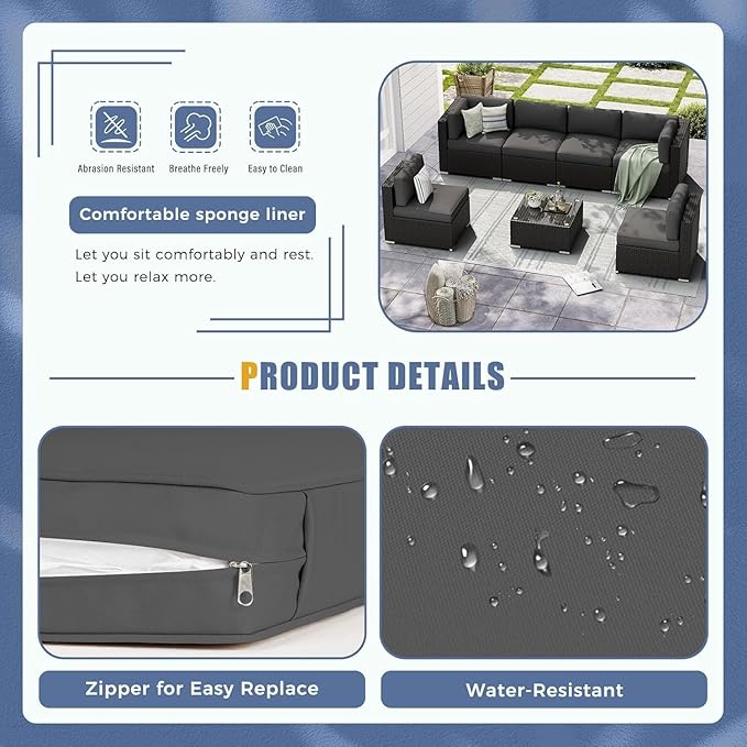 Betterland Outdoor Cushions for Patio Furniture, Replacement Patio Cushion for Patio Sofa Sets, Water-Resistant and Spongy Cushions for Outdoor Sectional（Dark Grey）