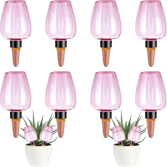 8 Pcs Plant Watering Globes Self Watering Planter Insert Plants Top Fill Water Device Plastic Water Bulbs Slow Release Terracotta for Plants, Pink