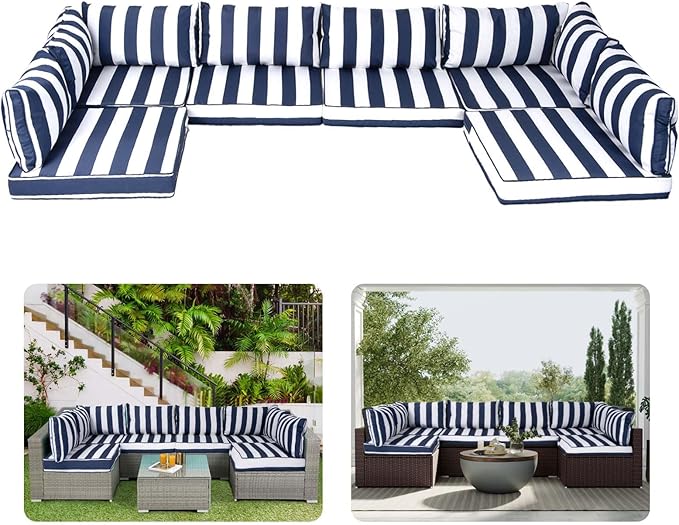 14 Piece Outdoor Replacement Cushions for Patio Furniture, 4" x 25.6" x 25.6" High Density Waterproof Outdoor Sofa Cushion Sets, Fits 6 Seat Wicker Sectional Conversation,Blue Striped