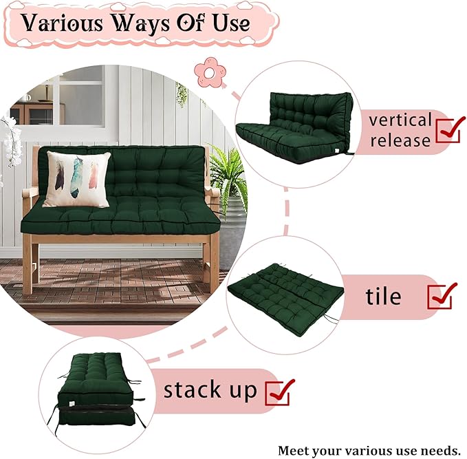 2-3 Seat Swing Replacement Cushion, Outdoor Bench Cushions with Backrest Thicken 4", Patio Furniture Garden Porch Loveseat Glider Pad Anti-Fading Waterproof (Dark Green, 40x70in-thicken)