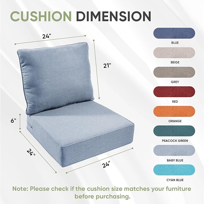 Outdoor Chair Cushions Set of 2, Waterproof 24x24 Patio Chair Cushion, 6" Thickened Seat Cushion for Outdoor Furniture, Couch Cushion Replacement, Include 2 Back & 2 Seat Cushions, Thick/BabyBlue
