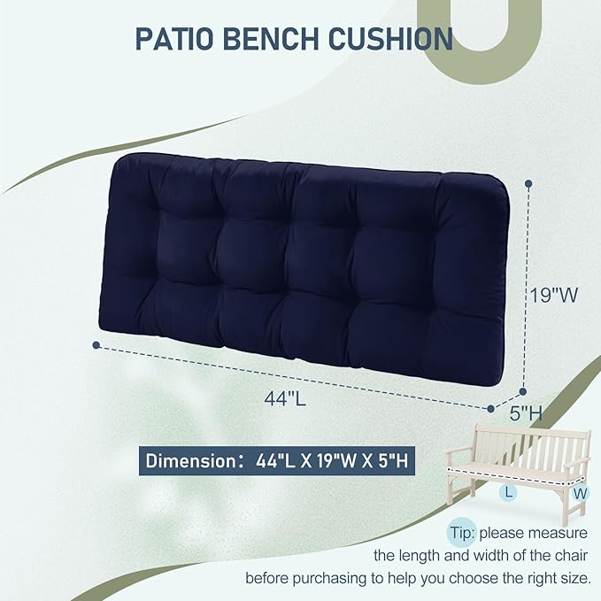 downluxe Outdoor Bench Cushion for Patio Furniture, Waterproof Tufted Overstuffed Porch Swing Cushions, Thick Outdoor Loveseat Cushions, 44" X 19" X 5", Navy, Set of 1