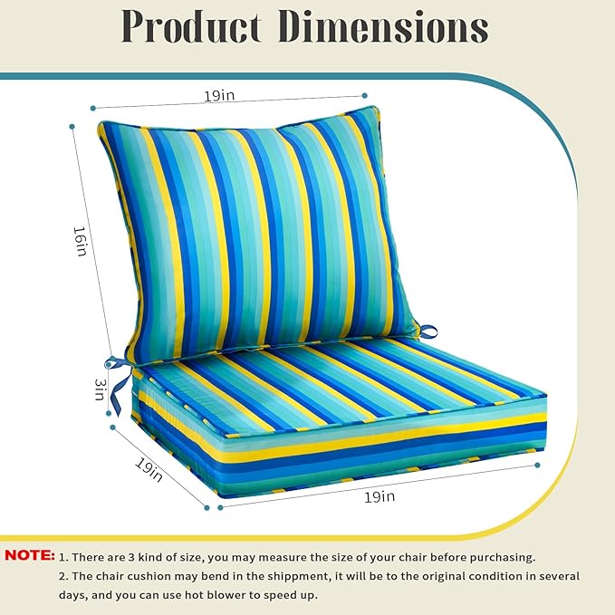 Outdoor Deep Seat Cushion Set 19 x 19 Inch, Waterproof Fade Resistant Patio Furniture Deep Seat & Backrest Cushion Set with Removable Cover for Pation Furniture(Stripe Beach, 19" x 19" + 19" x 16")