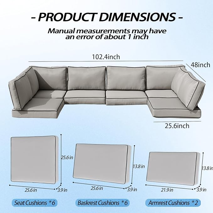 Outdoor Cushions for Patio Furniture,14Pieces Water-Resistant Replacement Cushions Fits 6-seat Sectional Rattan Conversation Set Outdoor Patio Sofa Cushion,Liner&Cover(Grey+Black Edges)