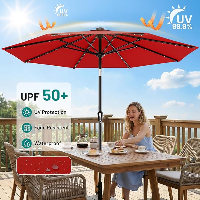 AreShark 9FT Patio Umbrella with Solar Lights, 32 LED Lighted Pool Umbrella w/Tilt and Crank, Outdoor Market Solar Umbrellas for Garden, Deck, Backyard, Pool and Beach, Red