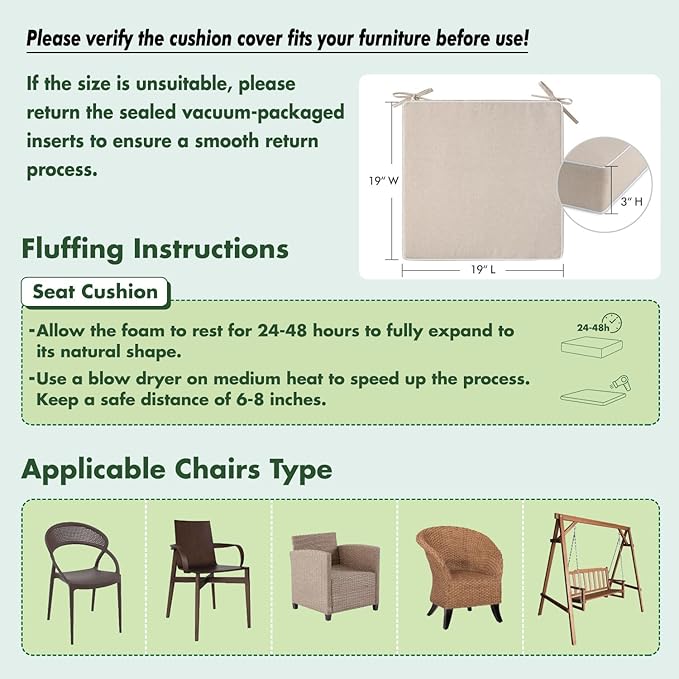 MIULEE Beige Outdoor Chair Cushions Set of 4, 19x19x3 Inch Waterproof Patio Seat Cushions for Outdoor Furniture Couch Sofa, 3 Year Color Fastness High Density Foam with Adjustable Ties