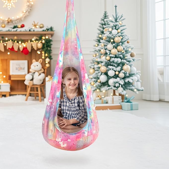 Kids Pod Swing Seat, Flannel Sensory Swing Chair Nightglow with PVC Inflatable Cushion, Hanging Hammock Chair for Indoor＆Outdoor Use (Rainbow Color(Unicorn))