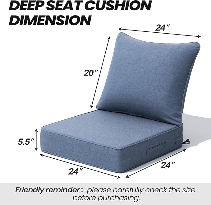 Crestlive Sunbrella 5.5" Outdoor Cushion for Patio Furniture Set of 2, 24 x 24, Waterproof and Fade-Resistant Deep Seat Cushions for Chair, Wicker Sofa and Couch, Denim