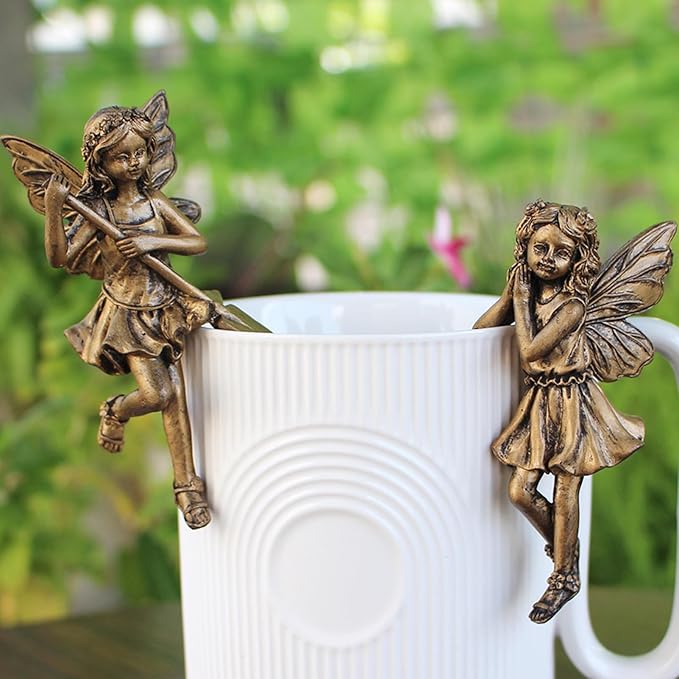 2-Pieces Asymmetrical Flower Fairy Pot Clip Pair, Vintage Bronze Finish Resin Garden Decor for Patio Planters, Outdoor Container Accent Statues