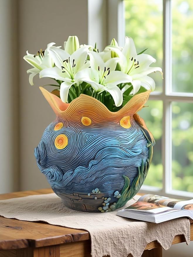 Starry Night Floral Planter, Unique and Interesting Abstract Art Flower pots, Vibrant Colors, Perfect for Home/Garden Artistic Decoration (Flowers)
