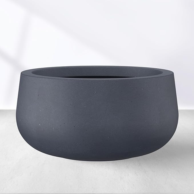Kante 15.7" Dia Round Concrete Planter, Cement Plant Pots with Drainage Hole and Rubber Plug for Outdoor Indoor Garden Home, Modern Curvaceous Design, Dark Gray