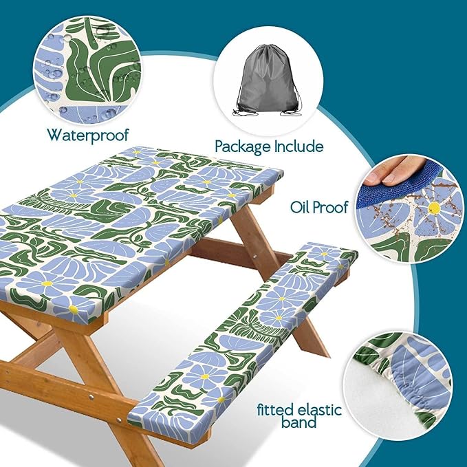 Picnic Table Covers with Bench Covers Boho Patchwork Blue Green Flower Pattern Camping Tablecloth Fitted Picnic Table Cover with Elastic Windproof Waterproof, Camping Accessories Outdoor, 72In 3PCS