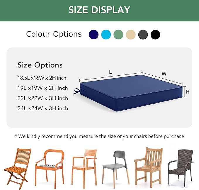 Outdoor Chair Cushions Set of 2: Waterproof & Color Fastness Seat Cushion for Patio Furniture - 22 x 22 x 3 Inch Chair Pads with Ties and Hidden Zipper - Patio Chair Cushion Replacement, Navy