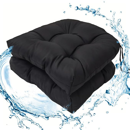 Outdoor Tufted Seat Cushions, 2 Pack Patio Wicker Chair Cushion with Ties, Waterproof Chair Pads Round Corner Cushions 19"x19"x3.9", Black