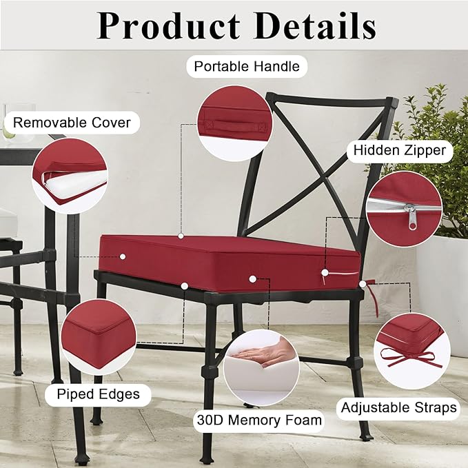 Outdoor Chair Cushions Set of 2 for Patio Furniture 19x19x4 Inch Waterproof Patio Chair Cushion 3 Year Color Fastness Square Elastic Foam Garden Couch Pads with Ties and Handle,Red