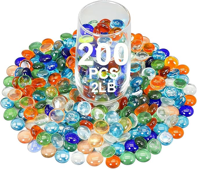 Mini Glass Gems for Vase,Mixed Colour Glass Stones Flat Bottom Marble Beads for Aquarium Fish Tank Planter Crafts Home Decorative Art Craft Vase Filler (Mixed, 2 Pounds)