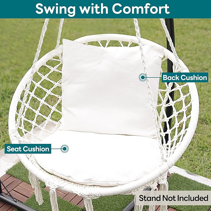 JoyView Macrame Hammock Chair Hanging Swing Chair Max 330 Lbs with 2 Cushions and Hardware Kits for Indoor Outdoor Bedroom Patio Garden - Dark Grey