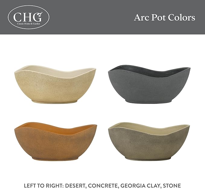 Classic Home and Garden Arc Unique Planter Bowl w/Drain Plug - UV Resistant Shallow Planter - Modern Plant Pot for Herbs (12” Stone)