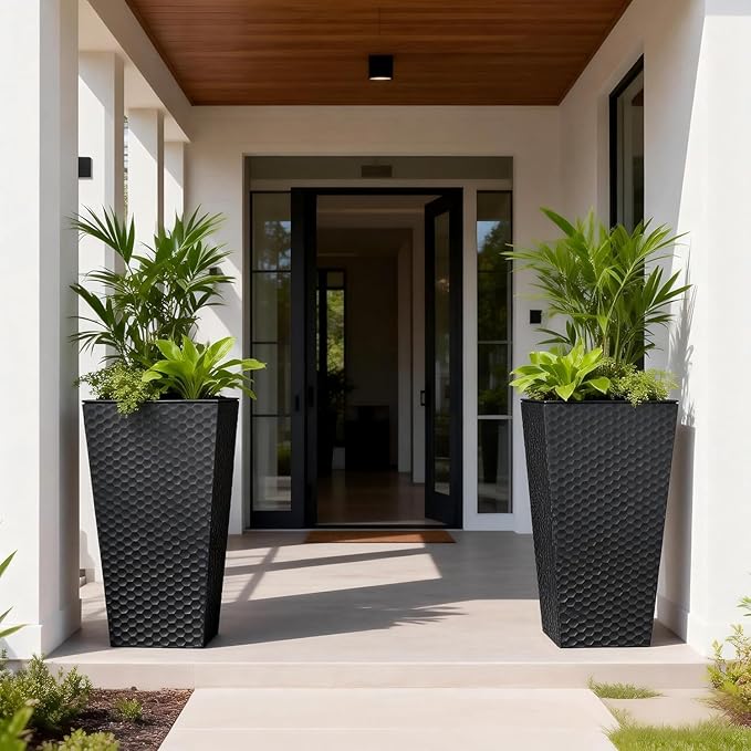 Sziqiqi Metal Tall Planter for Outdoor: Set of 2 Honeycomb 21.6in Large Taper Plant Pots with Inner Pots - Black Flower Pot with Drainage Holes for Indoor Outside Front Door Patio Garden Floor