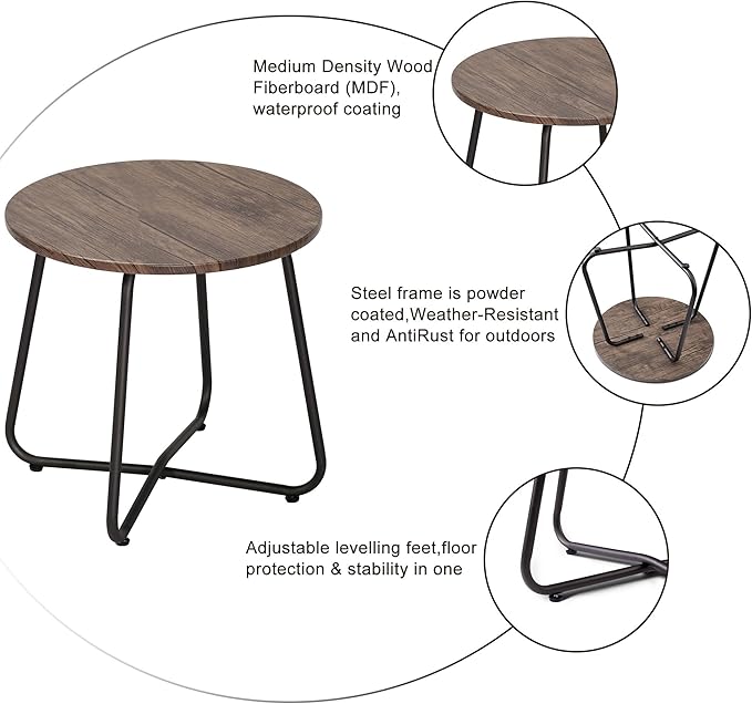 VECELO Outdoor Side Table,17.7 inch Patio Small Round End Table,Waterproof Wood Table with Weather Resistant Steel Adjustable Feet for Living Room Bedroom Garden Yard Balcony Porch Poolside