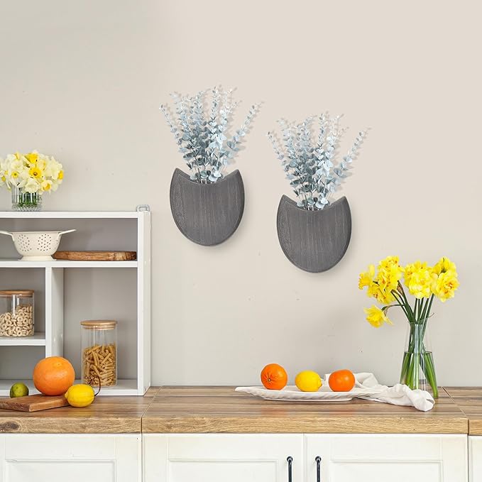 2 Pack Wood Wall Planters with Artificial Plants Farmhouse Boho Wall Decor Pocket Vases for Kitchen Office Living Room Entryway Hallway Bathroom Indoor Decoration(Gray)