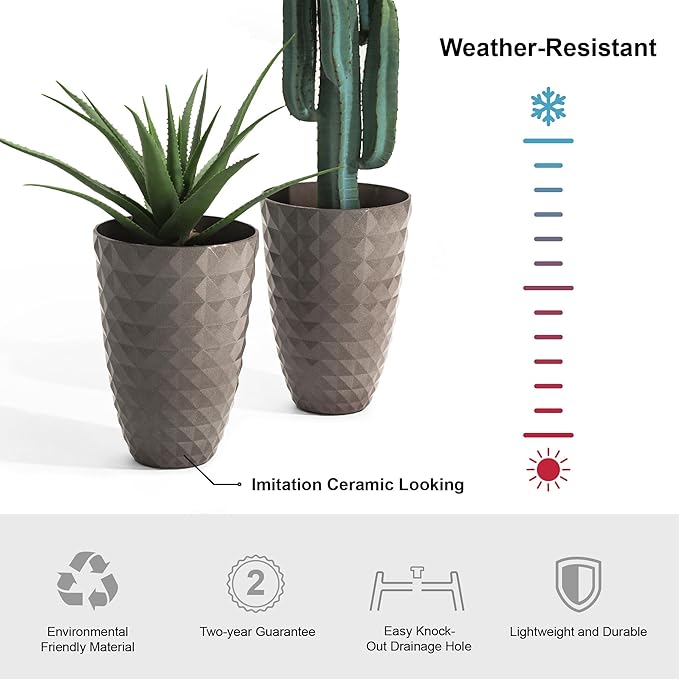 Glitzhome 19.75" H Tall Outdoor Planters Set of 2, Large Planters for Outdoor Plants, Oversized Textured Tall Planter with Drainage Holes, Decorative Round Flower Pots for Indoor Outdoor