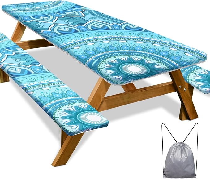 Picnic Table Cover with Bench Covers 6FT 3 Pcs Waterproof Windproof Aesthetic Camping Tablecloth with Drawstring Bag, Fitted for 6 Foot Rectangle Tables and Seats, 96in, Teal