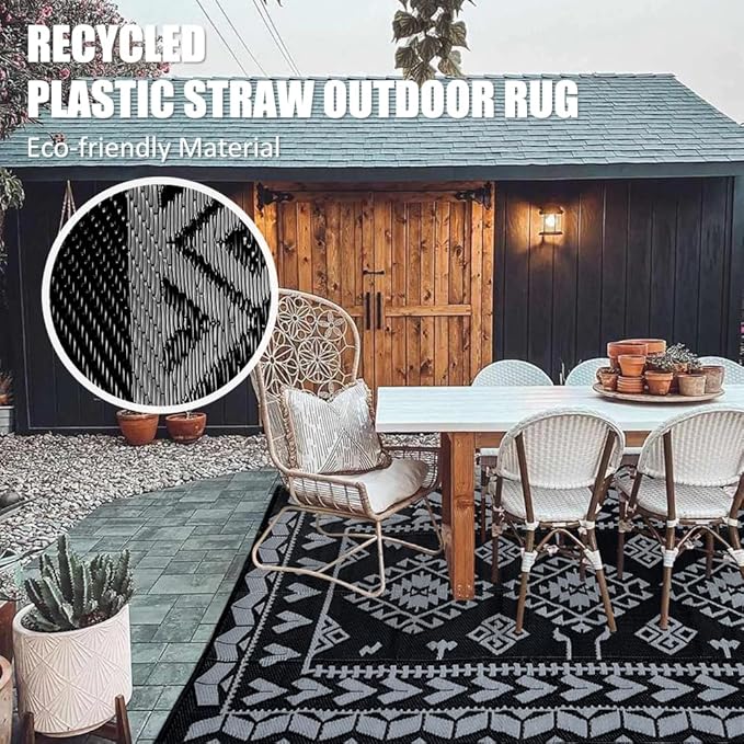 Pendolr Outdoor Rugs for Patio Clearance - 5'x8' Waterproof Reversible Indoor Outdoor Rug Carpet, Portable Plastic Straw Rug for RV Camping, Picnic, Beach, Porch, Deck(Rug004#,Black&Gray)