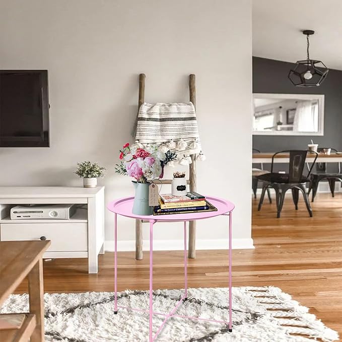 Garden 4 you End Table Metal Side Table Pink Round Folding Tray Cyan Sofa Small Accent Fold-able Table, Round End Table Tray, Next to Sofa Table, Snack Table for Living Room and Bed Room