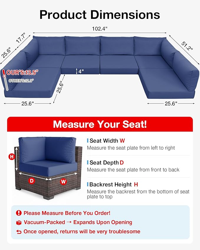 YEFU Outdoor Cushions for Patio Furniture: Replacement Cushions for Outdoor Furniture - Waterproof - Couch Cushion - Fade-Resistant/Easy Clean - 14 Piece Sectional Cushion - Non-Slip/Storage Bag/Navy