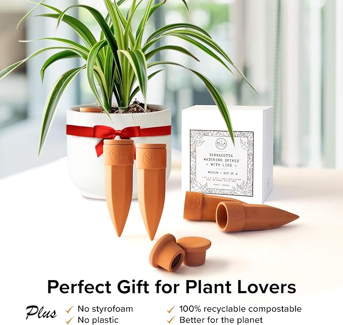 Plant Watering Spikes with Lids - Ideal for 5”-9” Pots - Vacation Friendly - Terracotta - Medium - Set of 4