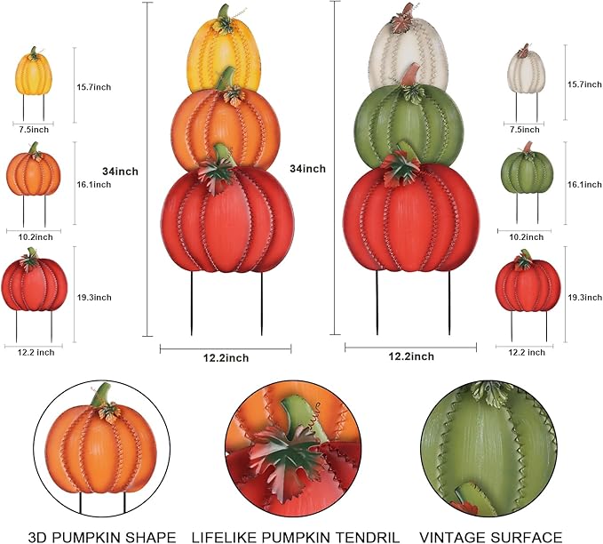 PHITRIC Fall Decorations Outdoor, 34" 2PCS Decorative Garden Stakes with 6 Pumpkins for Fall Decor, Metal Yard Signs for Home Outside Garden Yard Lawn Patio, Thanksgiving Decorations