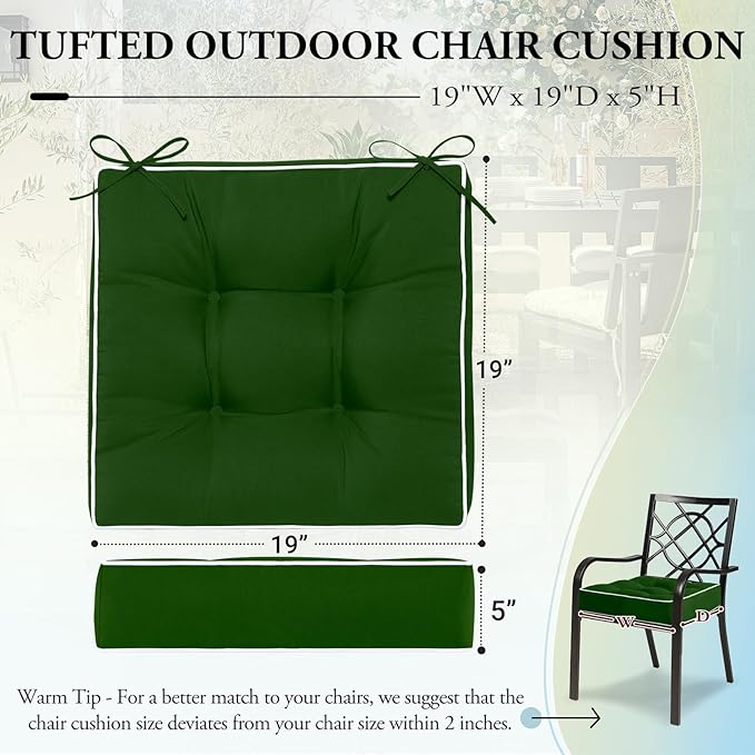 Wellsin Outdoor Chair Cushions Set of 2, Patio Cushions for Outdoor Furniture, Tufted Waterproof Outdoor Chair Pads, 19 x 19 Inch, Forest Green