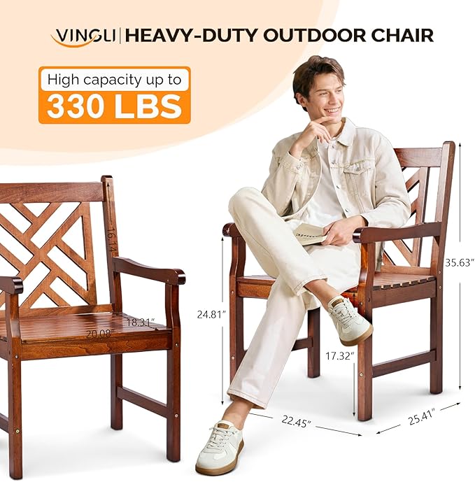 VINGLI Outdoor Dining Chairs Set of 4, Heavy Duty 330 LBS Wooden Patio Chairs with Comfortable Backrest, Solid Wood Patio Dining Chairs Garden Chairs for Yard, Front Porch and Deck (Teak, 4 PCS)