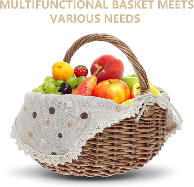 Handwoven Picnic Basket with Lining and Handle – Small Wicker Storage Basket for Outdoor Camping, Garden Harvest, and Travel Picnic Accessories