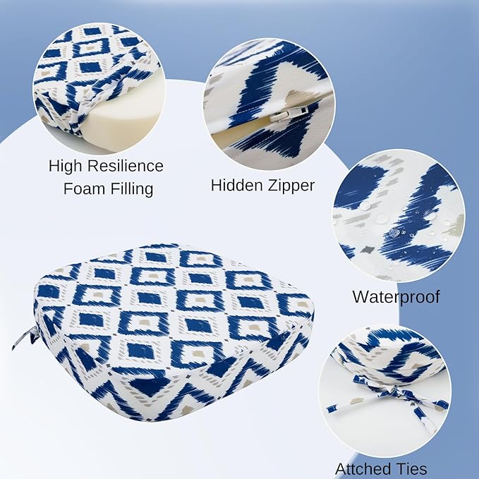 idee-home Outdoor Chair Cushions Set of 2, 17" x 17" x 3" Thick D-Shaped Patio Furniture Outdoor Seat Cushions Waterproof with Ties, Dining Pads