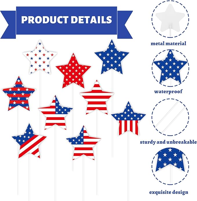 JarThenaAMCS 9Pcs Patriotic Star Metal Planter Stakes 4th of July Decorative Garden Stakes Star and Stripes Yard Sign for Planter Pot Walkway Lawn Independence Decor