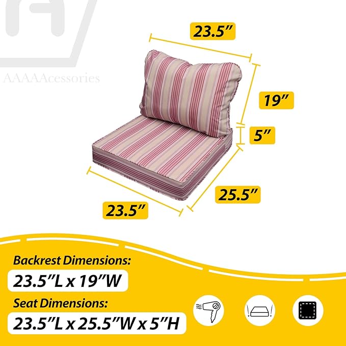 AAAAAcessories Outdoor Seat Cushions for Chairs, Fade-Resistant, Waterproof Patio Furniture Replacement Cushions, 23.5" x 25.5" x 5" + 23.5" x 19", Dusty Rose Garden Stripe
