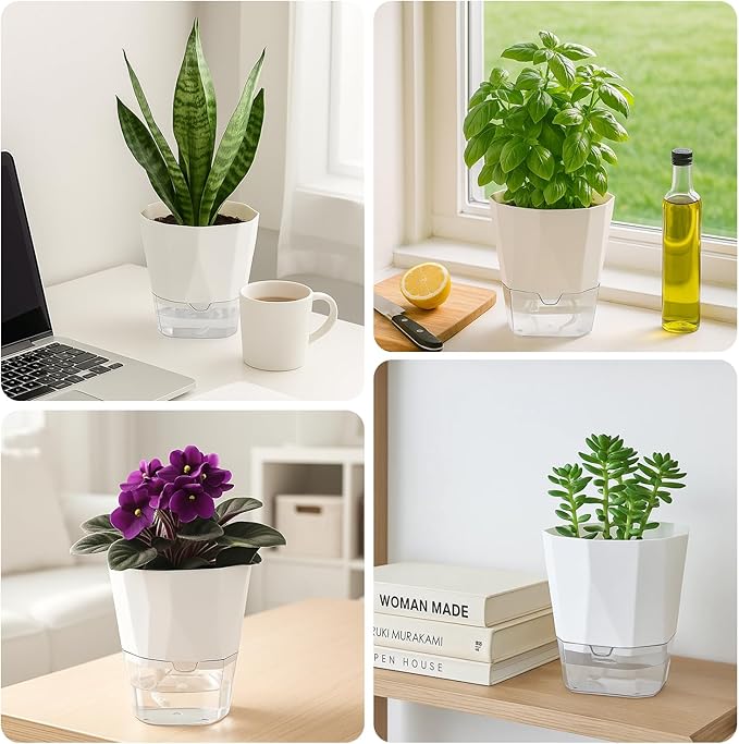 10 Pack Self Watering Pots for Indoor Plants, 6.7 Inches Self Watering Planters African Violet Pots Clear Pots for Herb Orchid Flower Houseplant, White